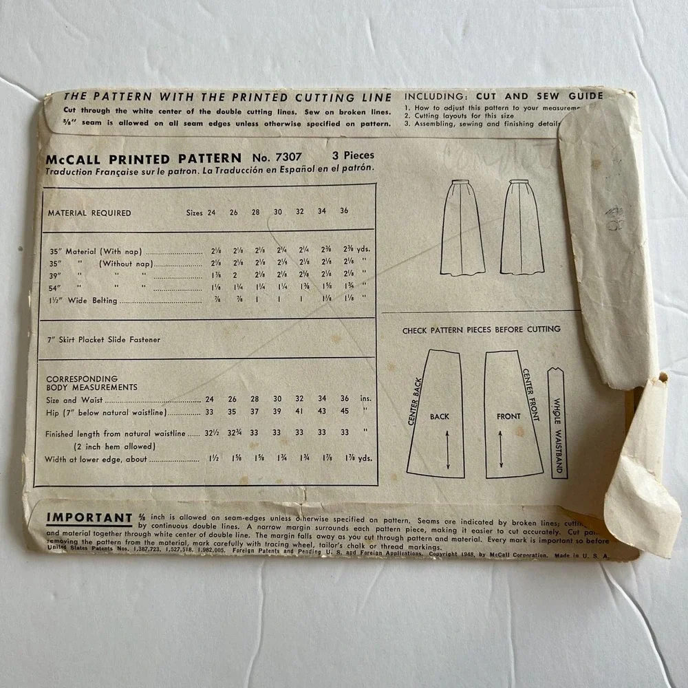 McCalls Vintage 1940's Pattern #7307 Women's Skirt Waist 30‎